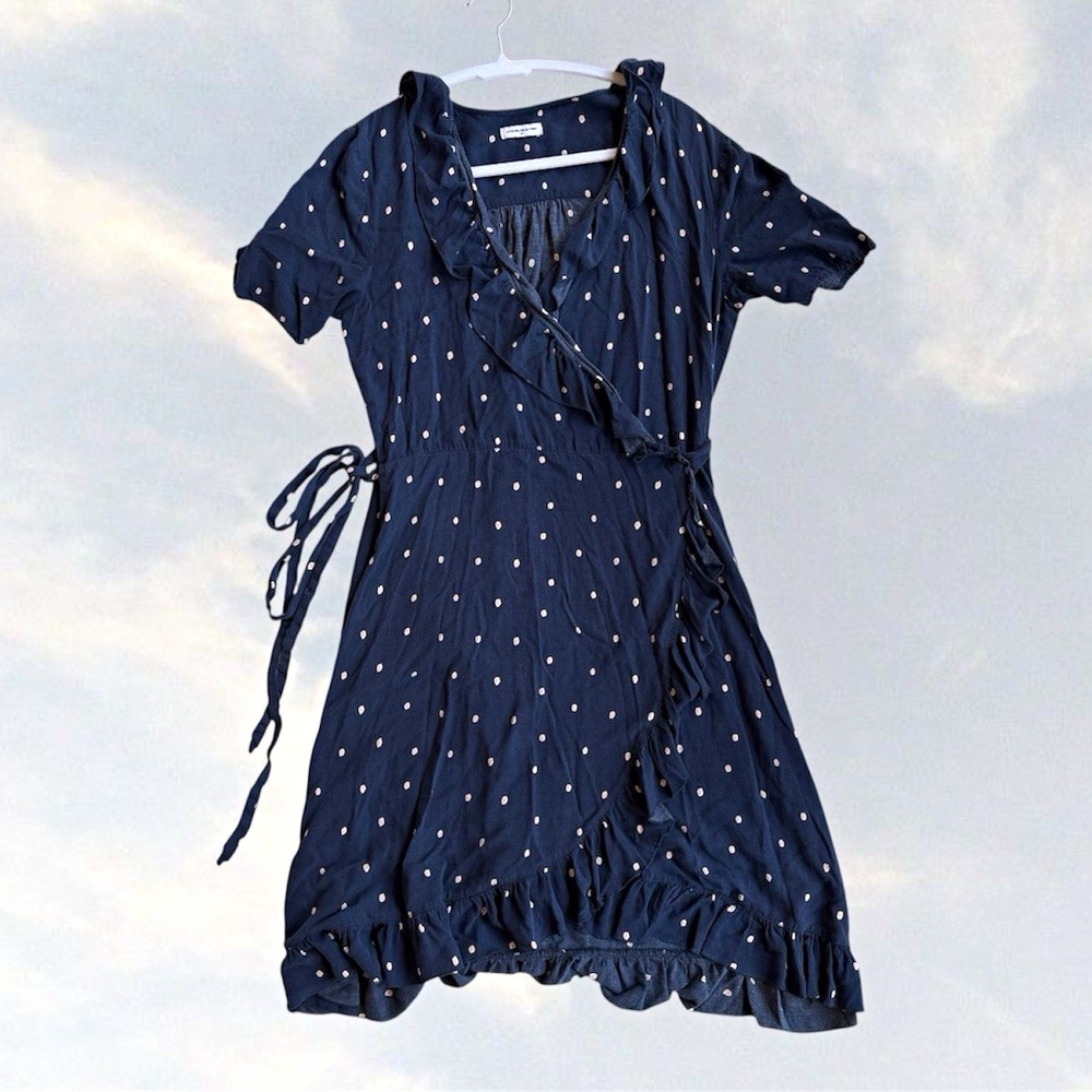 JACQUELINE de YONG Blue/White Polka Dot Wrap Dress V-Neck Ruffle 38